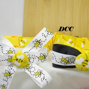 Dog Collar Bumble Bee Honey Bee w Ribbon Bow Tie Choose Your Size Adjustable Dogs Collars D Ring Accessory Pet Pets Accessories image 4