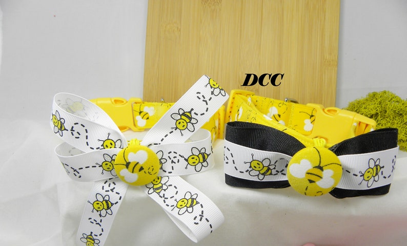 Dog Collar Bumble Bee Honey Bee w Ribbon Bow Tie Choose Your Size Adjustable Dogs Collars D Ring Accessory Pet Pets Accessories image 4