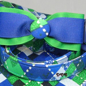 Dog Collar Great Everyday Blue Green White Argyle Stripes Check w Ribbon Blue & Green Bow Tie Adjustable Dog Collar with D Ring Choose Size image 2