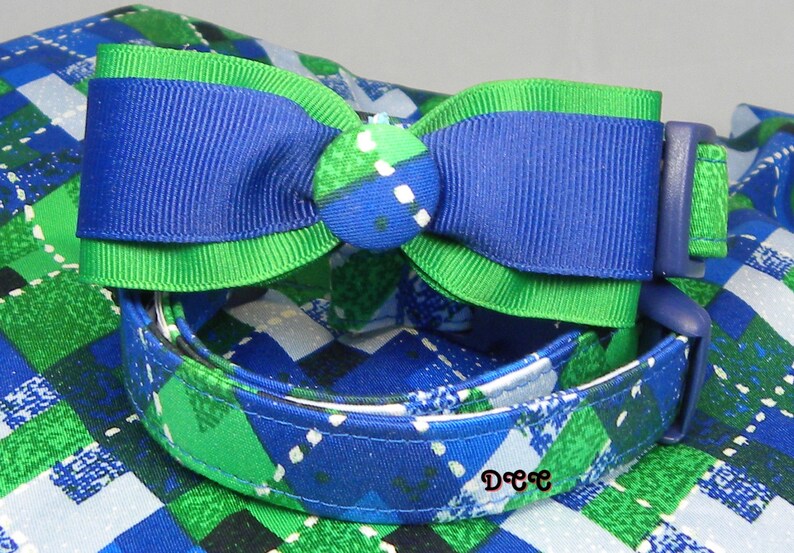 Dog Collar Great Everyday Blue Green White Argyle Stripes Check w Ribbon Blue & Green Bow Tie Adjustable Dog Collar with D Ring Choose Size image 2