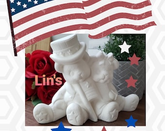 Bisque - 4th of July Patriotic Bear couple with USA Flag - Hand Made  Ready to Paint  5" tall and 7" wide