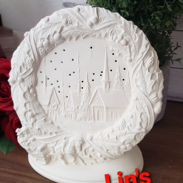 Ceramic Bisque-White Christmas Wreath Light  (4114) 7"tall Nightlight-Bisque Only-Unpainted Ready to Paint DIY Custom Light Kit avail