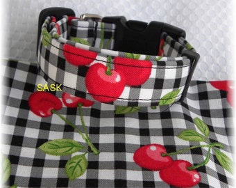 Dog Collar Classic Retro Cherry with Black and White Plaid Gingham Checkered No Bow CHOOSE SIZE  Adjustable Dog Collar with D Ring Accessory