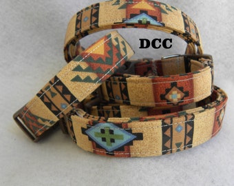 Dog Collar ~~~ Southwest Native Indian Patterns Geometric Brown Blue Rust Green Black Deep Bold Colors Adjustable Fabric w D Ring