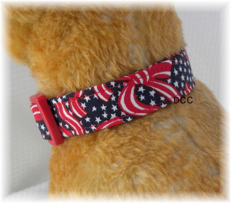 Dog Collar Patriotic Ribbons Blue Stars and Red White Blue Adjustable Collars D Ring Choose Size Accessorites Pet Pets Veterans Memorial Day image 2