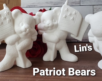 Bisque -  Patriotic Bears with USA flag  - Hand Made  Ready to Paint  4th of July, Memorial, Veterans  Day, Flag Day, Labor day (4006)