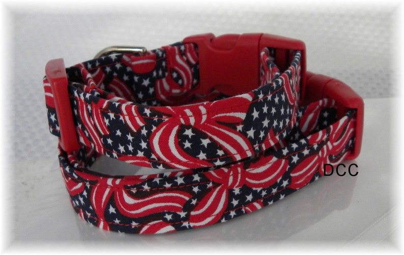 Dog Collar Patriotic Ribbons Blue Stars and Red White Blue Adjustable Collars D Ring Choose Size Accessorites Pet Pets Veterans Memorial Day image 4