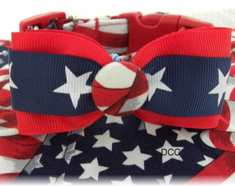 Dog Collar Patriotic USA Flag Red White Blue Stars Ribbon Star Bow Tie Navy white Stars  Adjustable DogS Collars D Ring Choose Size Pets Pet