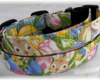 Dog Collar Bunny Love and Tulips  Adjustable Dog Collar with D Ring Choose Size Summer Spring Everyday Fun Flowers Floral Easter Holiday