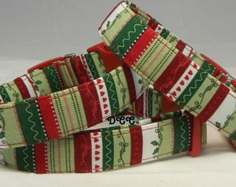 Dog Collar LIMITED Elegant Merry Christmas Holiday Season Stripes Holly Hearts Love  Adjustable Dog Collar D Ring Choose Size Acccessory