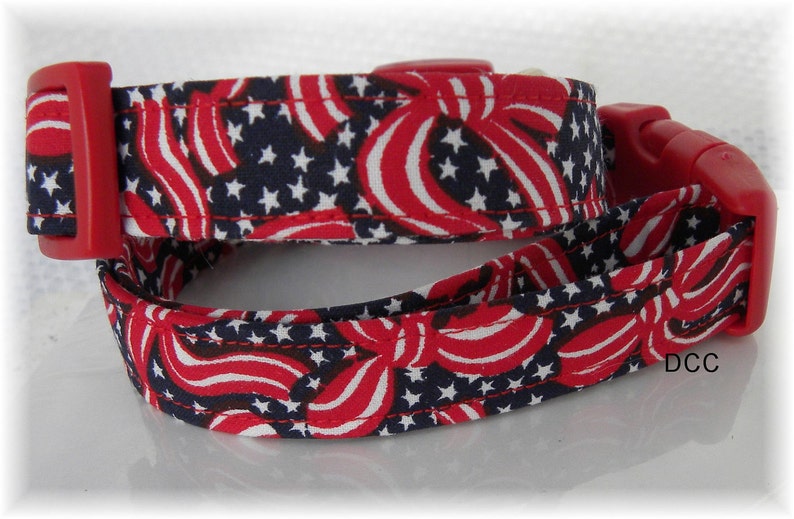 Dog Collar Patriotic Ribbons Blue Stars and Red White Blue Adjustable Collars D Ring Choose Size Accessorites Pet Pets Veterans Memorial Day image 3