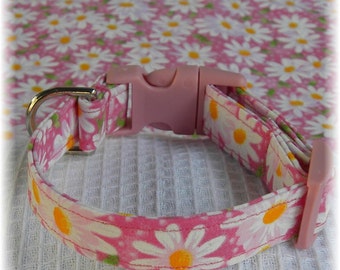 Dog Collar Field of Daisies Pink Adjustable Fabric with D Ring Choose Size Accessories Accessory Pet Collars Pets Leash Lead