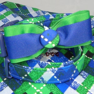 Dog Collar Great Everyday Blue Green White Argyle Stripes Check w Ribbon Blue & Green Bow Tie Adjustable Dog Collar with D Ring Choose Size image 4