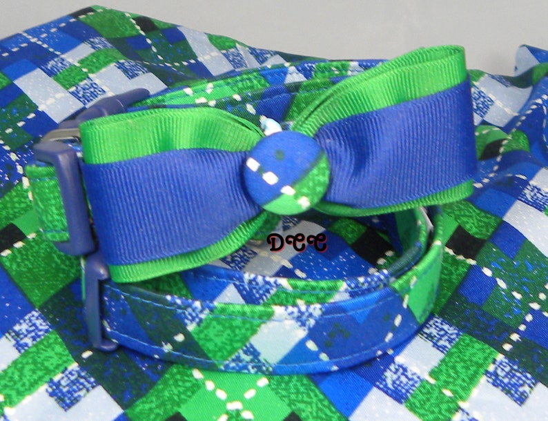 Dog Collar Great Everyday Blue Green White Argyle Stripes Check w Ribbon Blue & Green Bow Tie Adjustable Dog Collar with D Ring Choose Size image 4