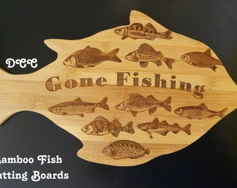 Cutting Board Fish Shape Gone Fishing w Laser Fish Bamboo 7.5 X 12.25 Bar Small Areas Fillet Fish Wedding Gift Groomsmen Groom Last One