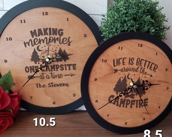 Camping Clock 8 DESIGN Choices 3 clock sizes Laser Engraved Design Wood Memories One Campsite Welcome Bear Camper RV Rig 5th wheel trailer