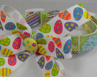 Dog Collar Easter Egg Hunt in Every Color Stripes Dots Patterns w Easter Egg Ribbon Bow Choose Size  Adjustable D Ring