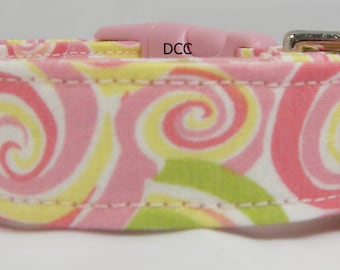 Dog Collar Swirls Pink Green Yellow White CHOOSE SIZE  Adjustable Dog Collars D Ring So Cute Everyday Accessories Pet Pets Summer Accessory