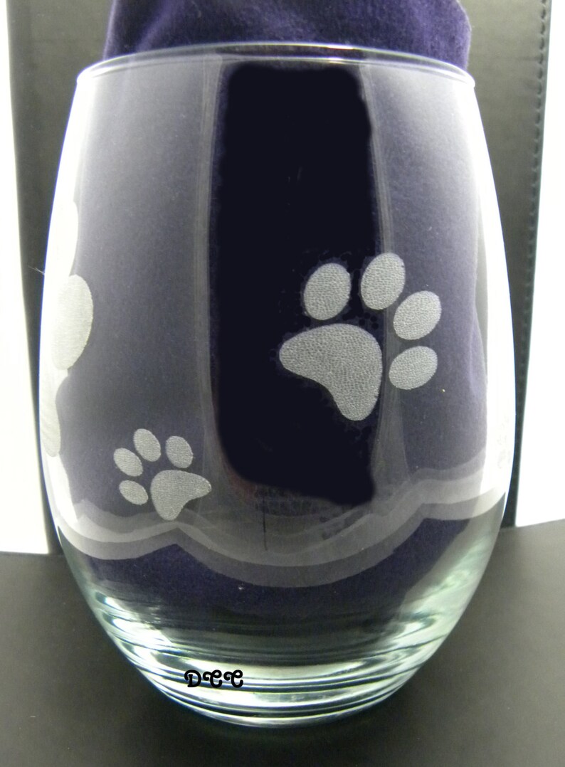 Wine Stemless Etched Glass Dog Paw Print Fun Glass Beverages Etsy