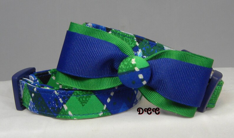 Dog Collar Great Everyday Blue Green White Argyle Stripes Check w Ribbon Blue & Green Bow Tie Adjustable Dog Collar with D Ring Choose Size image 3