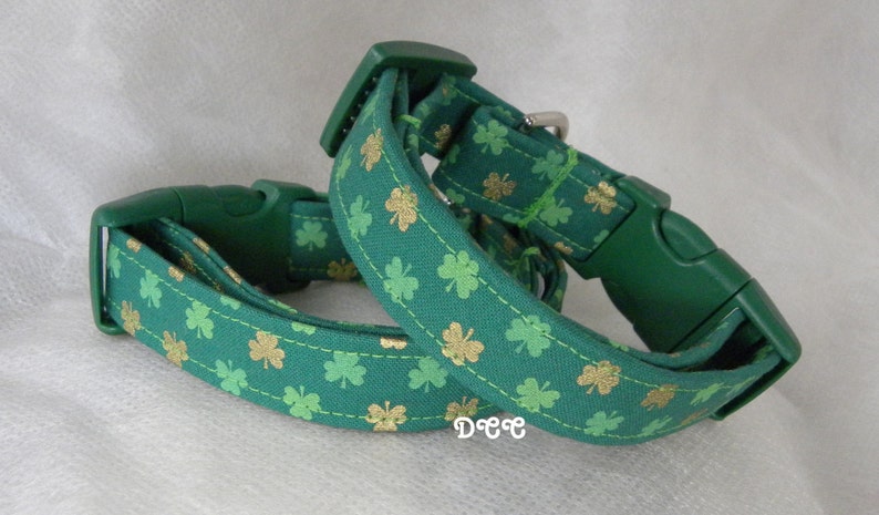 Dog Collar Shamrocks of Green and Gold Dark Green Background St Patricks Day Luck of the Irish Fun Adjustable Collars w D Ring Choose Size image 3