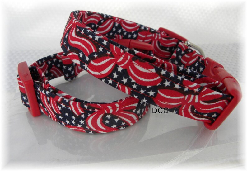 Dog Collar Patriotic Ribbons Blue Stars and Red White Blue Adjustable Collars D Ring Choose Size Accessorites Pet Pets Veterans Memorial Day image 1