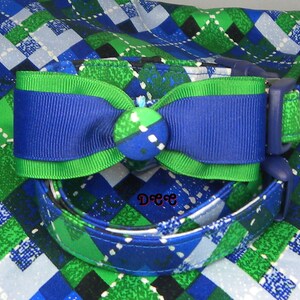 Dog Collar Great Everyday Blue Green White Argyle Stripes Check w Ribbon Blue & Green Bow Tie Adjustable Dog Collar with D Ring Choose Size image 1