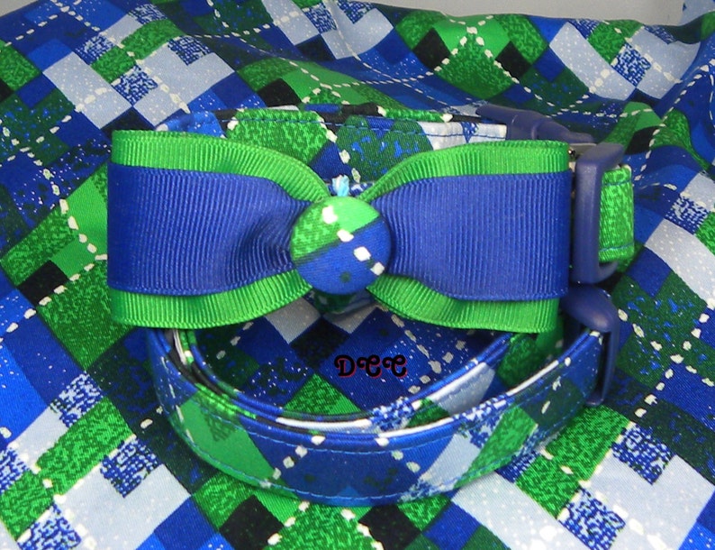 Dog Collar Great Everyday Blue Green White Argyle Stripes Check w Ribbon Blue & Green Bow Tie Adjustable Dog Collar with D Ring Choose Size image 1