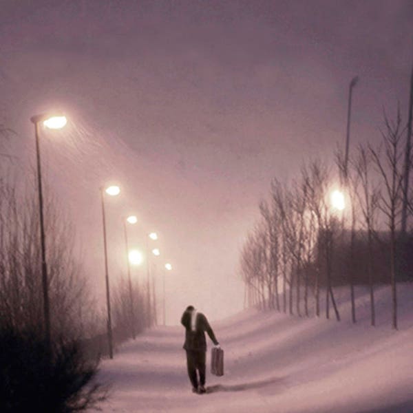 The Traveler II  -  Winter Snowstorm - Night Landscape - Mauve - Winter Light - Solitary Traveler - 8 x 10 Limited Edition by My Antarctica