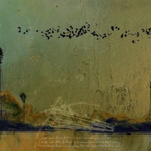 Theories of Flight - Blackbirds - 8 x 10 Rural American Landscape - Wheat and Water - Encaustic & Photographic Etching - Limited Edition