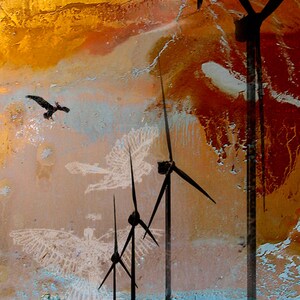 Theories of Flight  - Pelicans  -  8 x 10  Encaustic Canvas with Wind Farm Photographic Etching - Limited Edition Print