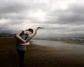 Theory of Flight  -  8 x 10 Limited Edition Print  -  Woman and Blue Heron - Figurative - Storm over Ocean Landscape - Velvet Fine Art Paper
