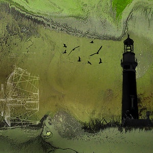 May include: A black and white illustration of a ship superimposed over a green and gray abstract background. A black silhouette of a lighthouse stands in the foreground.