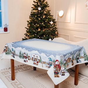 Luxury Christmas Tablecloth with Silver Lurex, 140x178 cm Festive Holiday Dining Table Cover, Snowman Winter Wonderland Table Linen