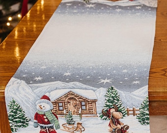 Table Runner Christmas Snowman: Silver Lurex Winter Wonderland Decor