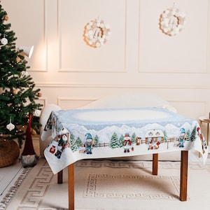 Luxury Christmas Tablecloth with Silver Lurex, 140x240 cm Large Festive Dining Table Cover, Snowman Winter Wonderland Table Linen