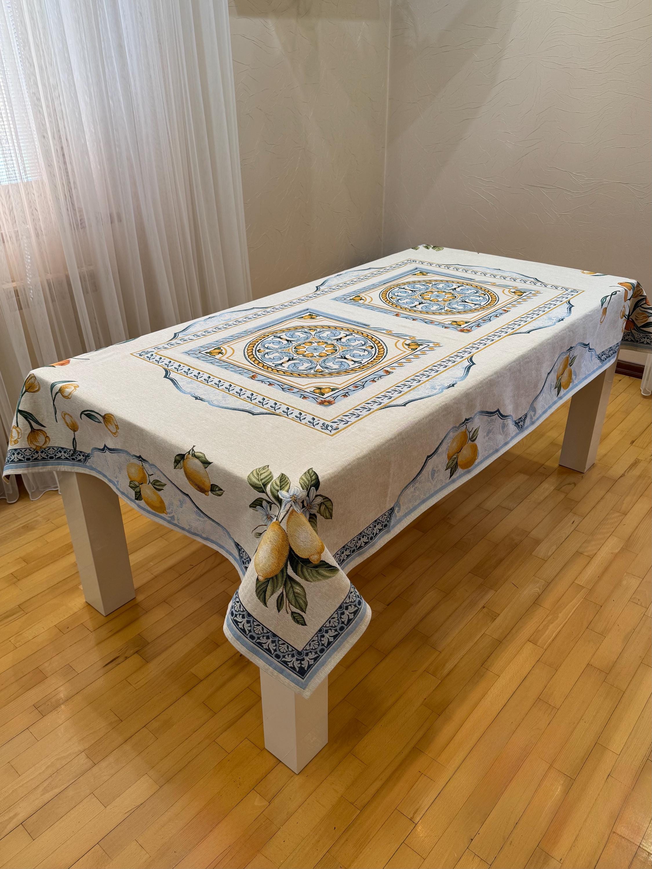Tovaglia arazzo limone: decorazione da cucina mediterranea, misto cotone 140 x 240 cm