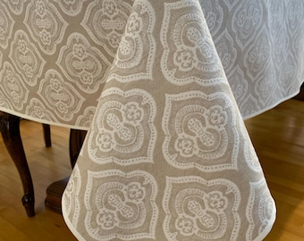 Beige gold tapestry tablecloth, elegant double sided holiday table linen, neutral Christmas dining decor