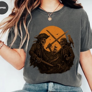 Pirate Skeleton Halloween T-Shirt | Vintage Spooky Comfort Colors Pirate Battle Graphic Tee for Fall | Costume Parties | Spooky Season