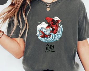 Japanisches Koi Fisch Shirt, Winter Ukiyo-e T-Shirt, Kanji Grafik, Berg Fuji Street Geschenk