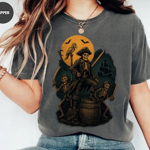 Pirate Skeleton Halloween T-Shirt | Vintage Spooky Comfort Colors Pirate Crew Graphic Tee with Parrot & Ship for Fall Costume Parties