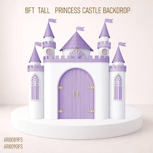 May include: A white and lavender princess castle backdrop. The castle features a lavender door, turrets, and flags. The text "8FT TALL PRINCESS CASTLE BACKDROP" is at the top. The castle is on a white platform.