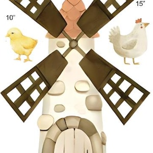 May include: A decorative windmill with brown blades and a cream-colored body. The windmill is 70 inches tall, with blades that are 10 and 15 inches long. A yellow chick and a white hen are on either side of the windmill.