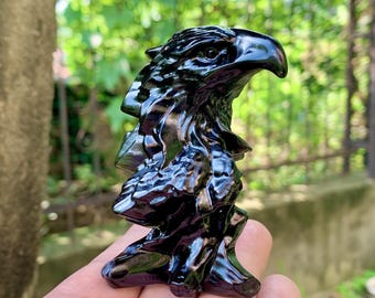 3,1" naturlig obsidian örnhuvudfigur, handgjord örnskulptur skrivbordsprydnad, obsidian fågel spirituell meditation kristallgåvor