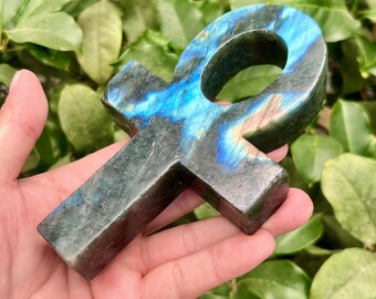 5.5" Natural Labradorite Ankh Cross Carving, Hand Carved Premium Blue Flash Crystal Ankh Symbol Meditation Healing, Labradorite Sacred Ankh