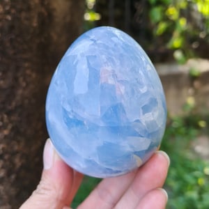 May include: A light blue, egg-shaped crystal. The crystal has a faceted appearance with varying shades of blue. The egg is held in a hand, with a blurred background of green foliage.