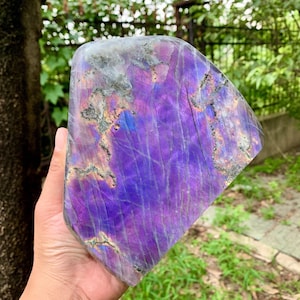 以下が含まれることがあります： 磨かれた、不規則な形のラブラドライトの石。石は紫、青、金色のヒントの鮮やかな色のパレットを表示します。表面は自然なパターンでテクスチャ加工された外観をしています。石は手で持たれています。
