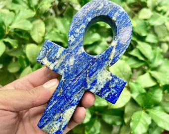 5.5" Natural Lapis Lazuli Ankh Cross Carving, Handcrafted Premium Lapis Crystal Ankh Symbol, Meditation Healing Crystal, Crystal Altar Decor