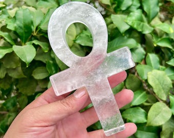 5.5" Natural Clear Quartz Ankh Cross Carving, Hand Carved Premium White Crystal Ankh Symbol, Meditation Healing Crystal Sacred Ankh Figurine