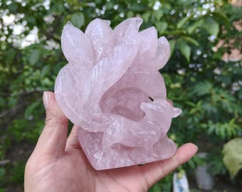 Natural Rose Quartz Nine Tailed Fox Figurine, Handcrafted Crystal Fox Sculptures, Meditation Crystal Home Decor, Love Attraction Crystal